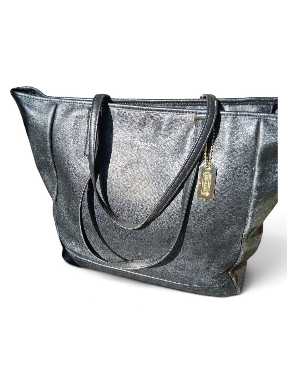 Coach Black Leather Tote with Gold Tag